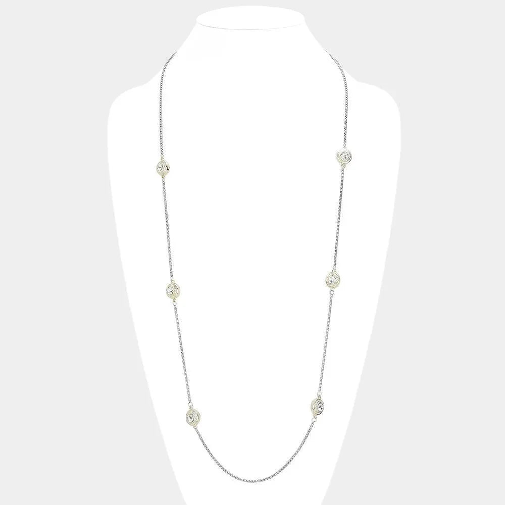 Clear 14K Gold Plated Two Tone Stone Paved Circle Pendant Station Long Necklace - Jewelry Store by Erik Rayo