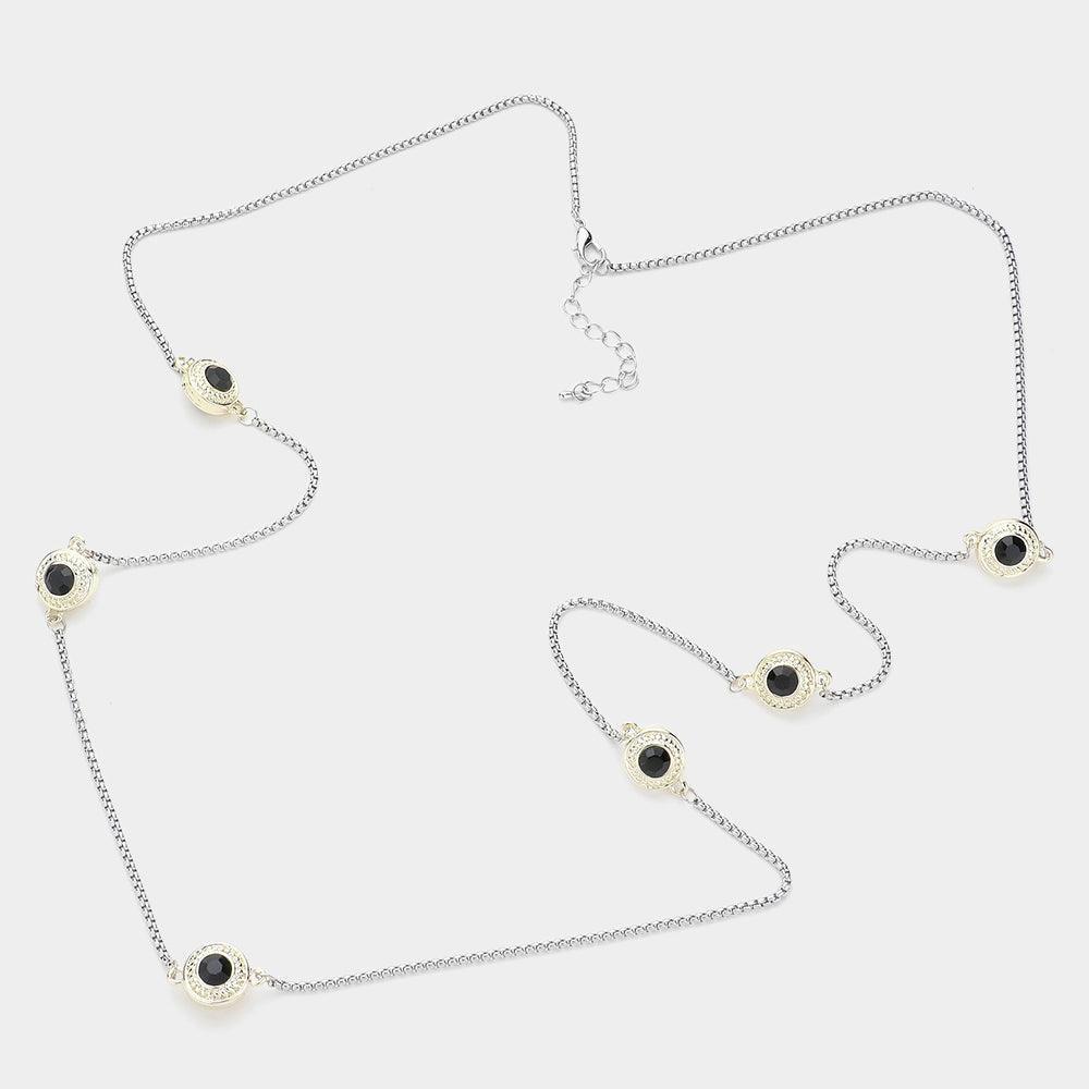 Black 14K Gold Plated Two Tone Stone Paved Circle Pendant Station Long Necklace - Jewelry Store by Erik Rayo