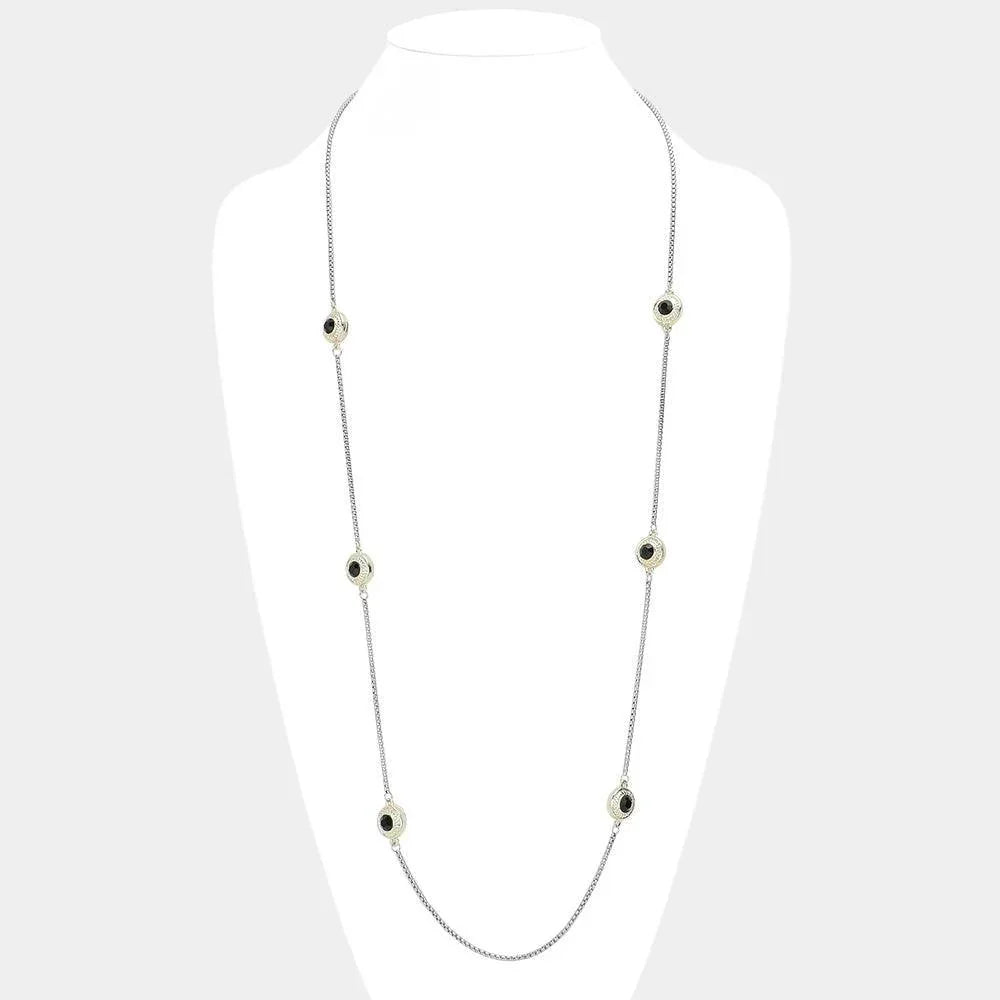 Black 14K Gold Plated Two Tone Stone Paved Circle Pendant Station Long Necklace - Jewelry Store by Erik Rayo