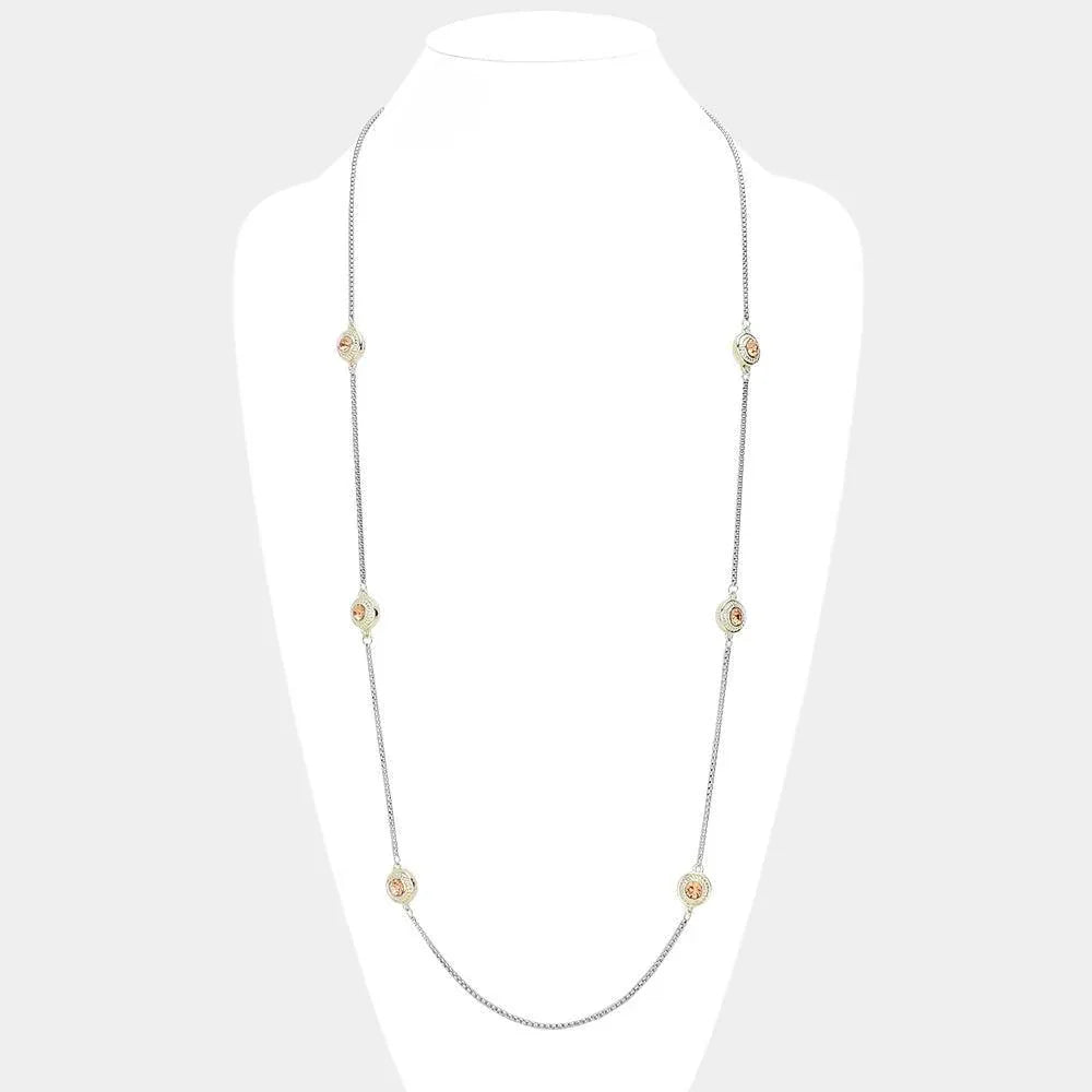 Gold 14K Gold Plated Two Tone Stone Paved Circle Pendant Station Long Necklace - Jewelry Store by Erik Rayo