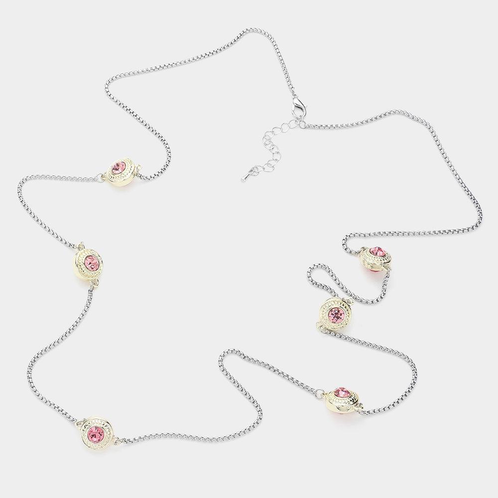 Pink 14K Gold Plated Two Tone Stone Paved Circle Pendant Station Long Necklace - Jewelry Store by Erik Rayo