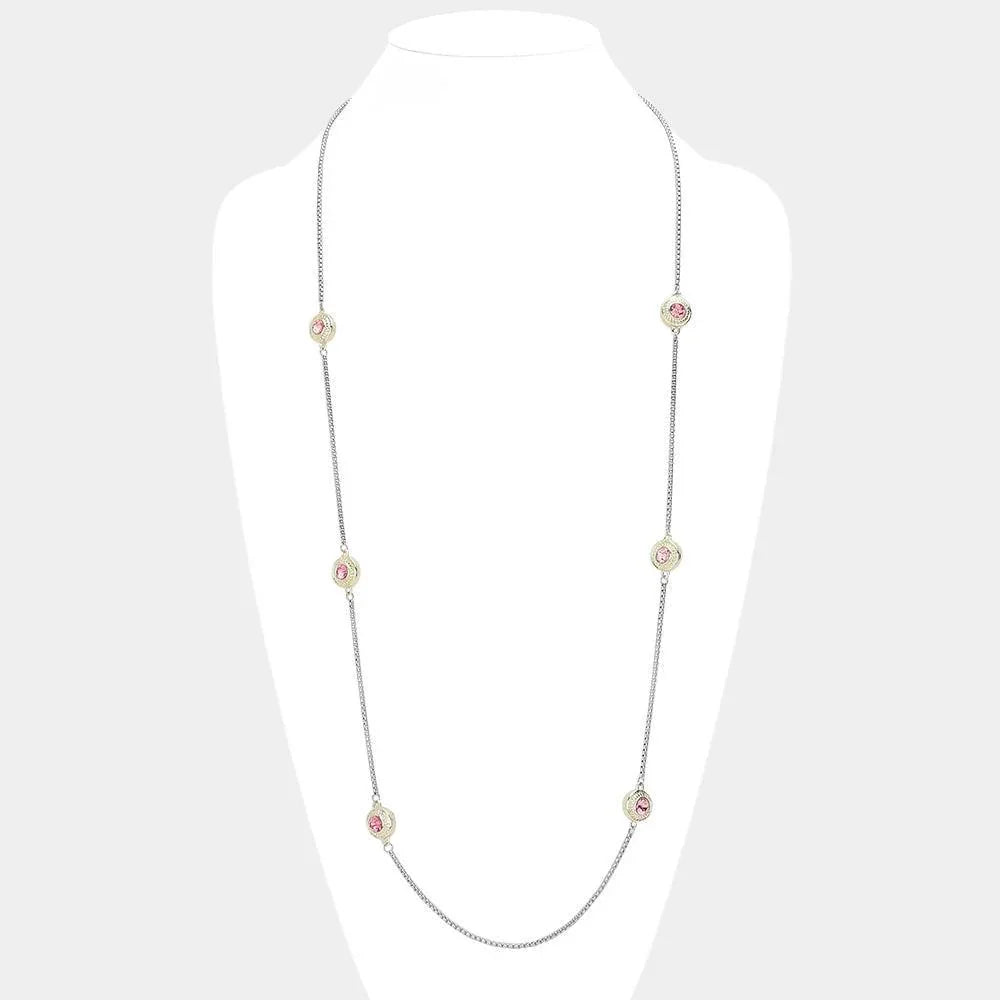 Pink 14K Gold Plated Two Tone Stone Paved Circle Pendant Station Long Necklace - Jewelry Store by Erik Rayo