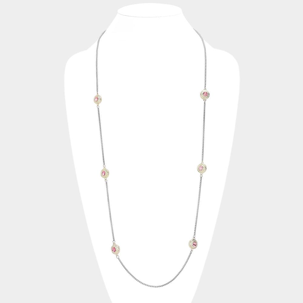 Pink 14K Gold Plated Two Tone Stone Paved Circle Pendant Station Long Necklace