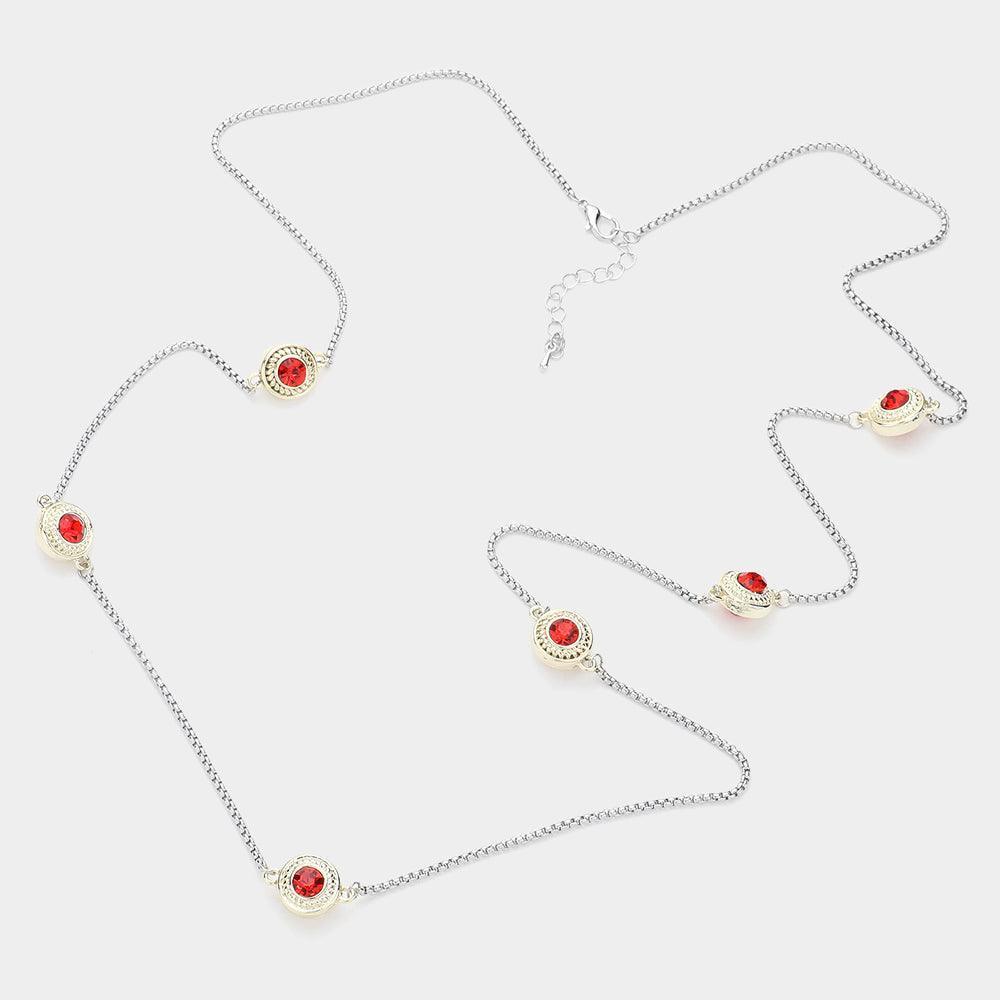 Red 14K Gold Plated Two Tone Stone Paved Circle Pendant Station Long Necklace - Jewelry Store by Erik Rayo
