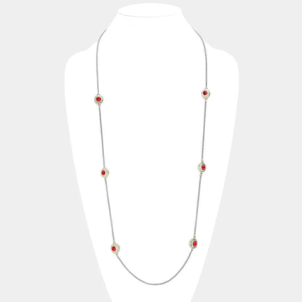 Red 14K Gold Plated Two Tone Stone Paved Circle Pendant Station Long Necklace - Jewelry Store by Erik Rayo