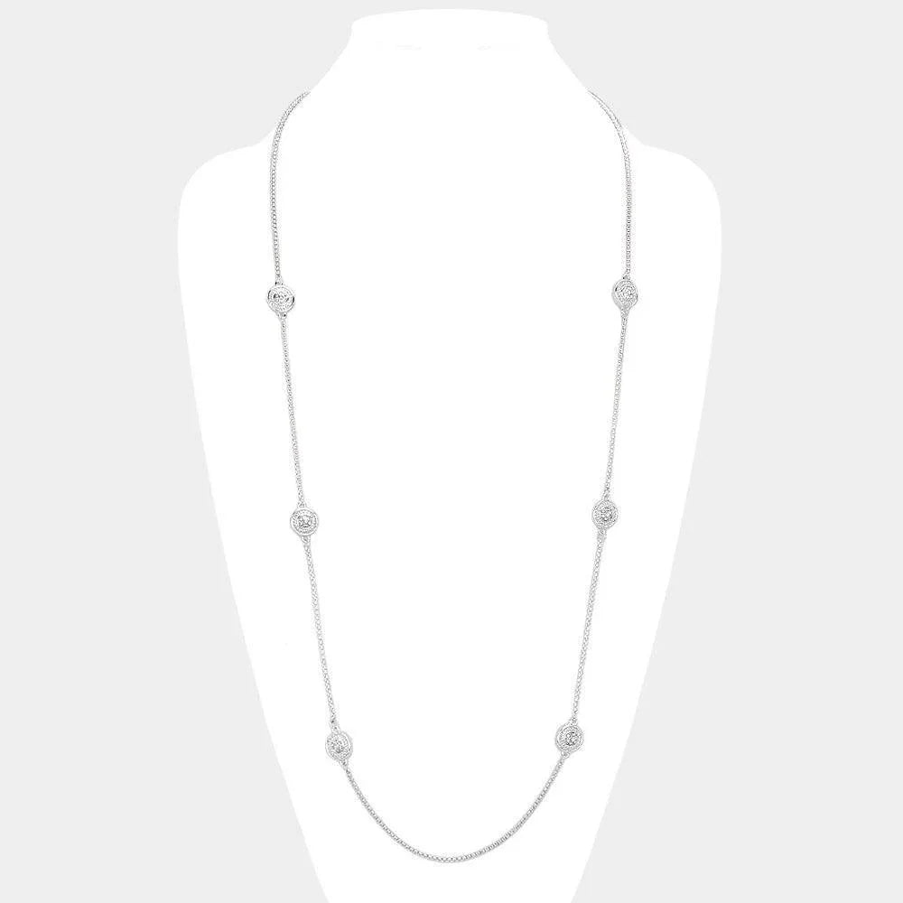 Silver 14K Gold Plated Two Tone Stone Paved Round Pendant Station Long Necklace - Jewelry Store by Erik Rayo
