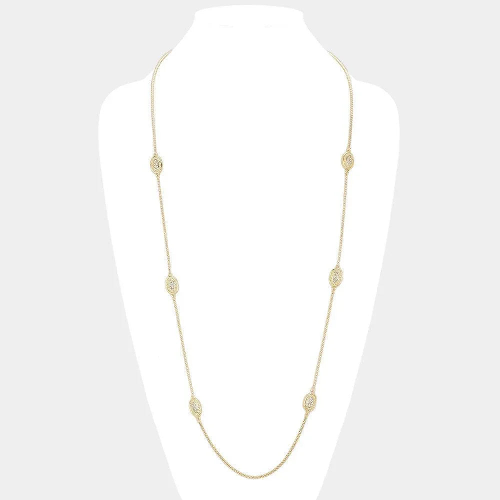 Gold 14K Gold Plated Two Tone Stone Paved Oval Pendant Station Long Necklace - Jewelry Store by Erik Rayo