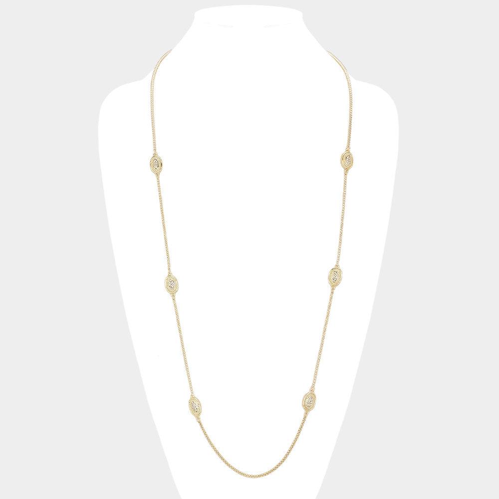 Gold 14K Gold Plated Two Tone Stone Paved Oval Pendant Station Long Necklace