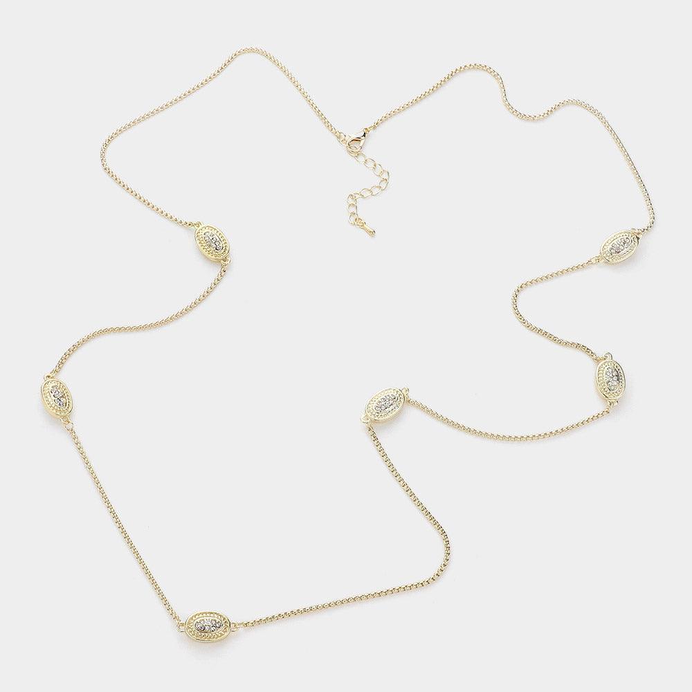 Gold 14K Gold Plated Two Tone Stone Paved Oval Pendant Station Long Necklace - Jewelry Store by Erik Rayo