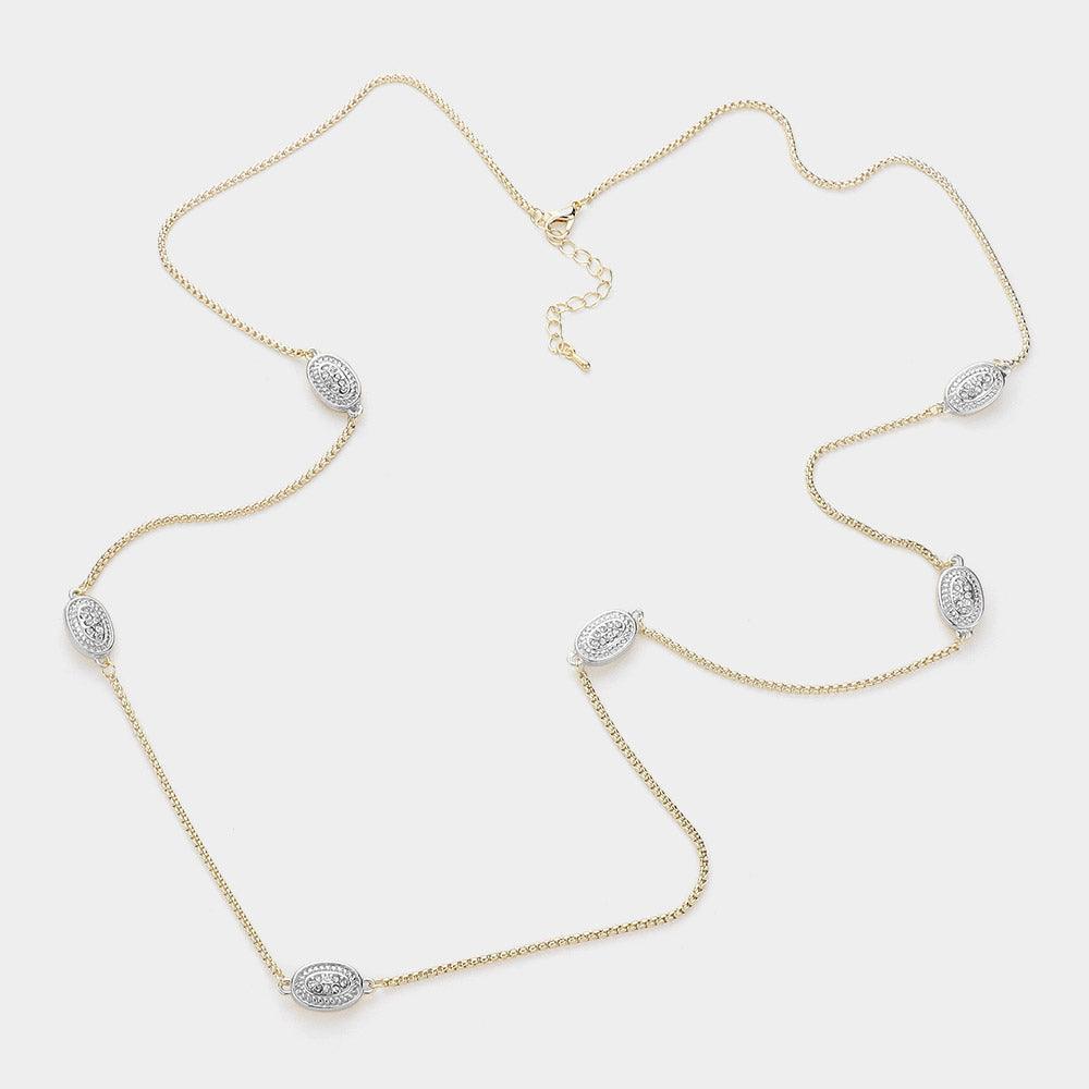 Silver 14K Gold Plated Two Tone Stone Paved Oval Pendant Station Long Necklace - Jewelry Store by Erik Rayo