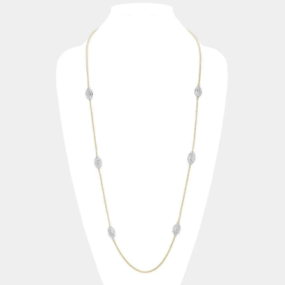 Silver 14K Gold Plated Two Tone Stone Paved Oval Pendant Station Long Necklace - Jewelry Store by Erik Rayo