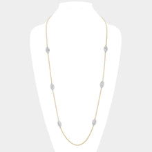 Load image into Gallery viewer, Silver 14K Gold Plated Two Tone Stone Paved Oval Pendant Station Long Necklace
