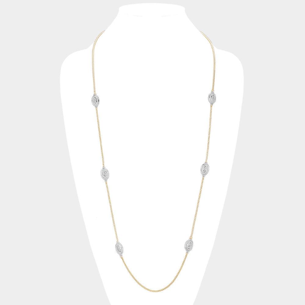 Silver 14K Gold Plated Two Tone Stone Paved Oval Pendant Station Long Necklace