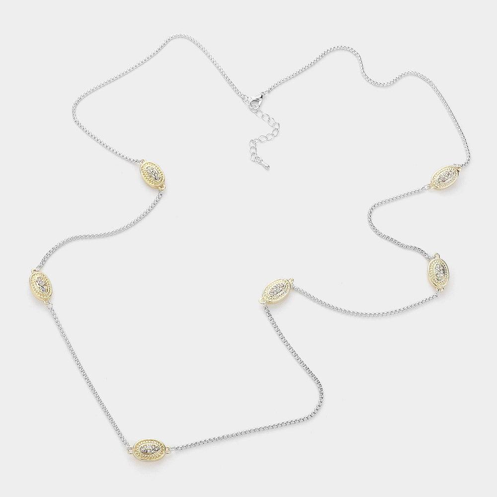 Gold 14K Gold Plated Two Tone Stone Paved Oval Pendant Station Long Necklace - Jewelry Store by Erik Rayo