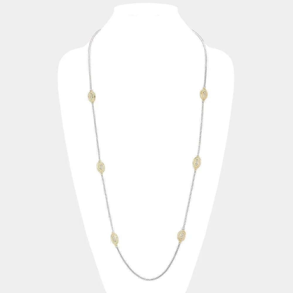 Gold 14K Gold Plated Two Tone Stone Paved Oval Pendant Station Long Necklace - Jewelry Store by Erik Rayo