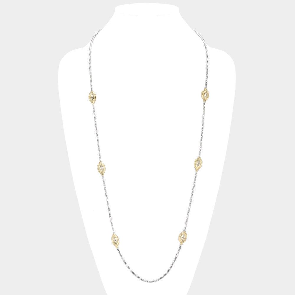 Gold 14K Gold Plated Two Tone Stone Paved Oval Pendant Station Long Necklace