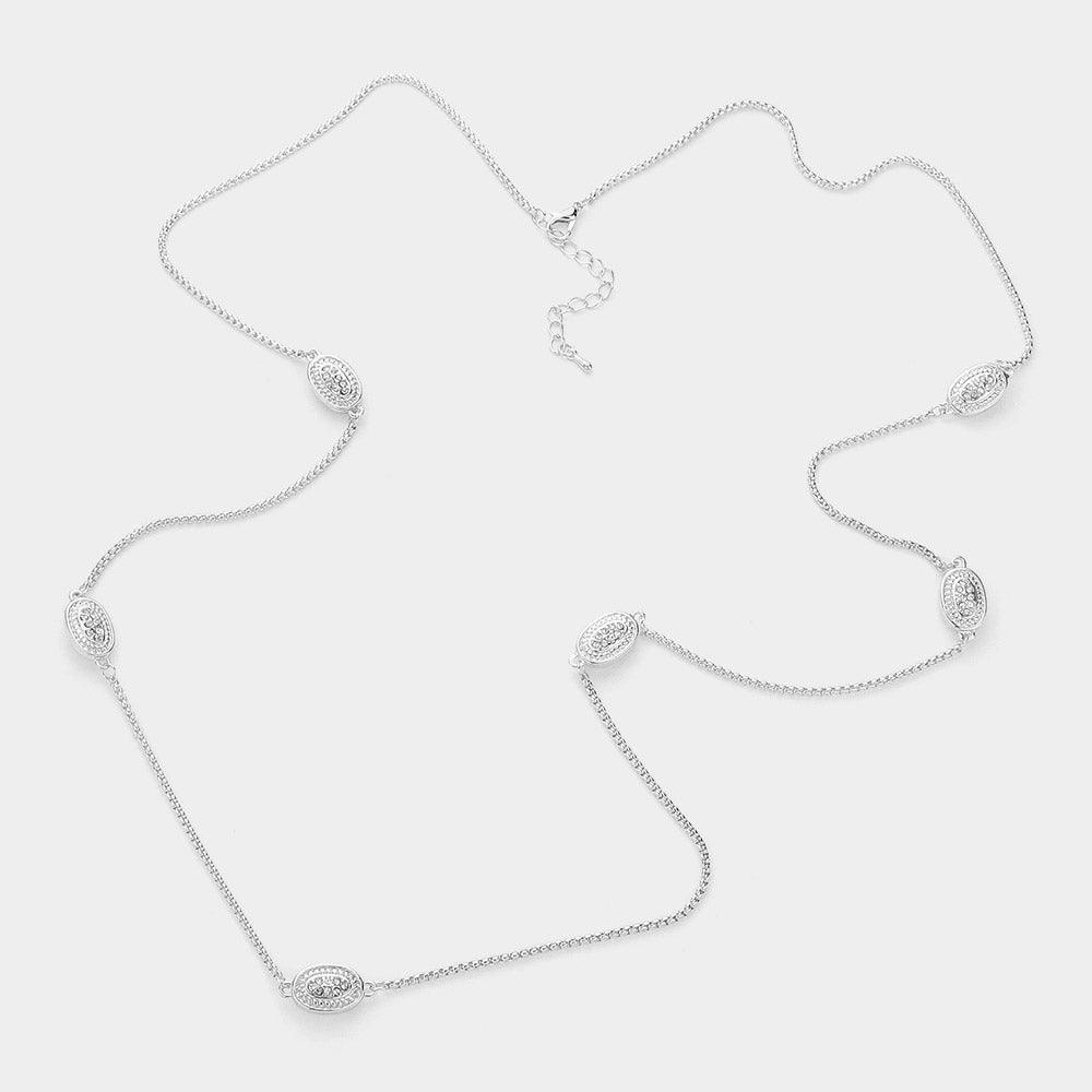 Silver 14K Gold Plated Two Tone Stone Paved Oval Pendant Station Long Necklace - Jewelry Store by Erik Rayo
