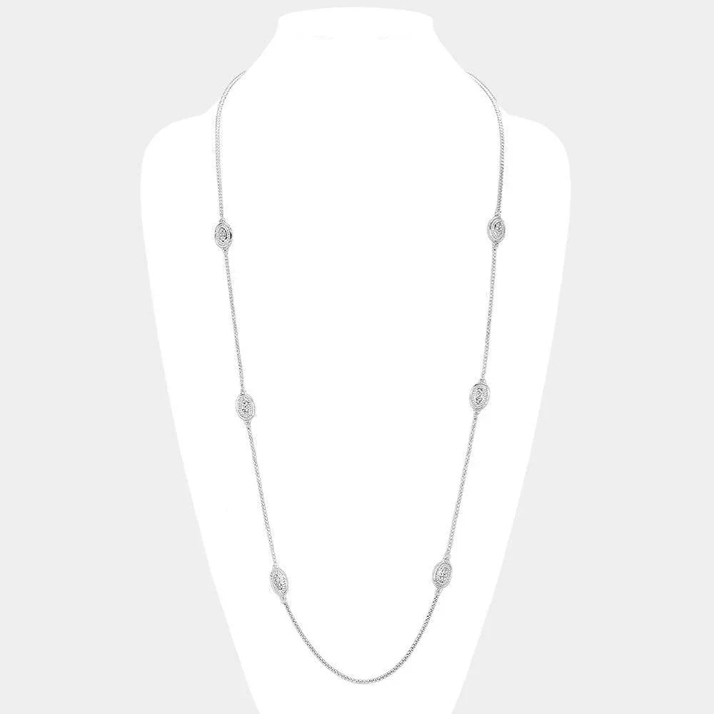 Silver 14K Gold Plated Two Tone Stone Paved Oval Pendant Station Long Necklace - Jewelry Store by Erik Rayo