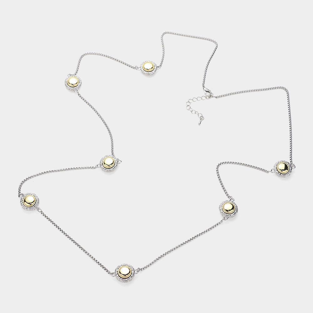 Gold 14K Gold Plated Two Tone Stone Paved Round Pendant Station Long Necklace - Jewelry Store by Erik Rayo