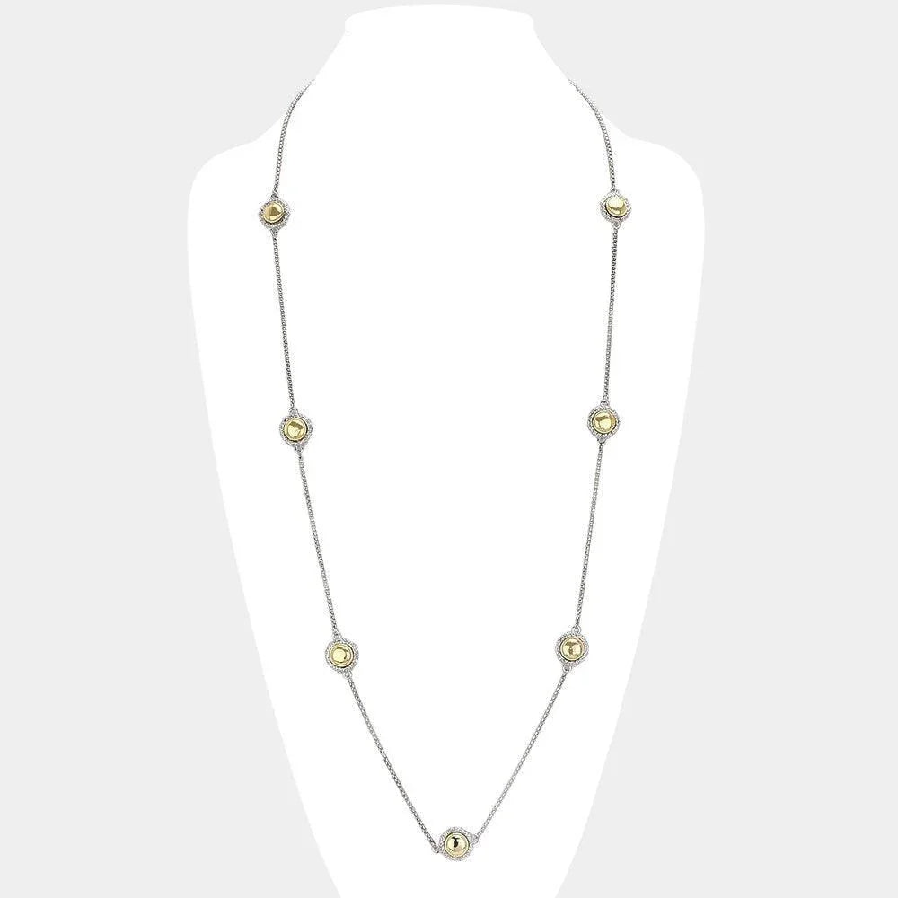 Gold 14K Gold Plated Two Tone Stone Paved Round Pendant Station Long Necklace - Jewelry Store by Erik Rayo