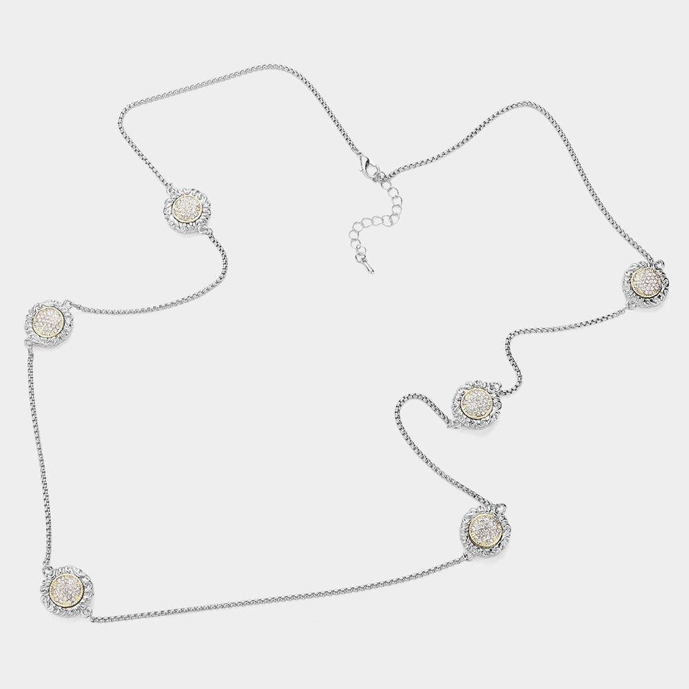 Gold 14K Gold Plated Two Tone Stone Paved Circle Pendant Station Long Necklace - Jewelry Store by Erik Rayo