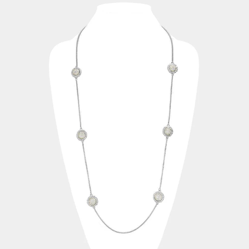 Gold 14K Gold Plated Two Tone Stone Paved Circle Pendant Station Long Necklace - Jewelry Store by Erik Rayo