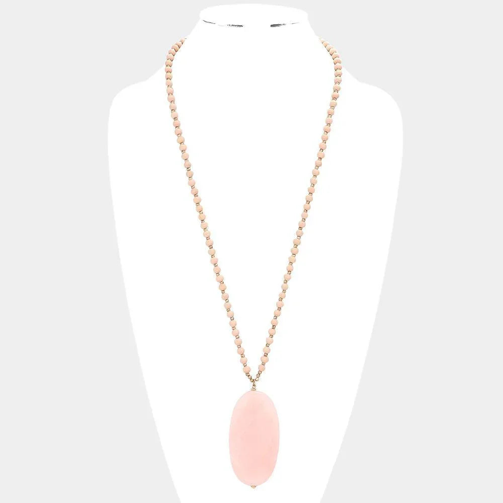 Pink Oval Natural Stone Pendant Wood Ball Long Necklace - Jewelry Store by Erik Rayo