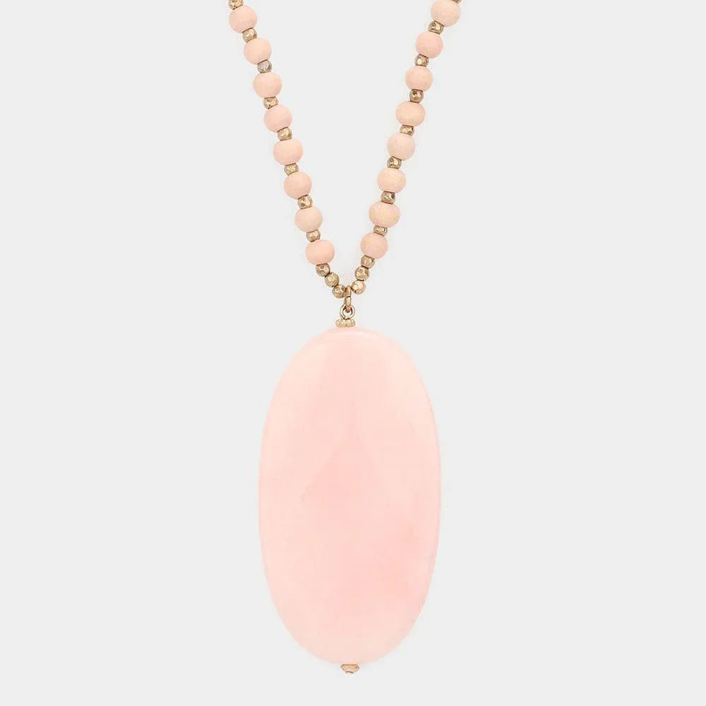 Pink Oval Natural Stone Pendant Wood Ball Long Necklace - Jewelry Store by Erik Rayo