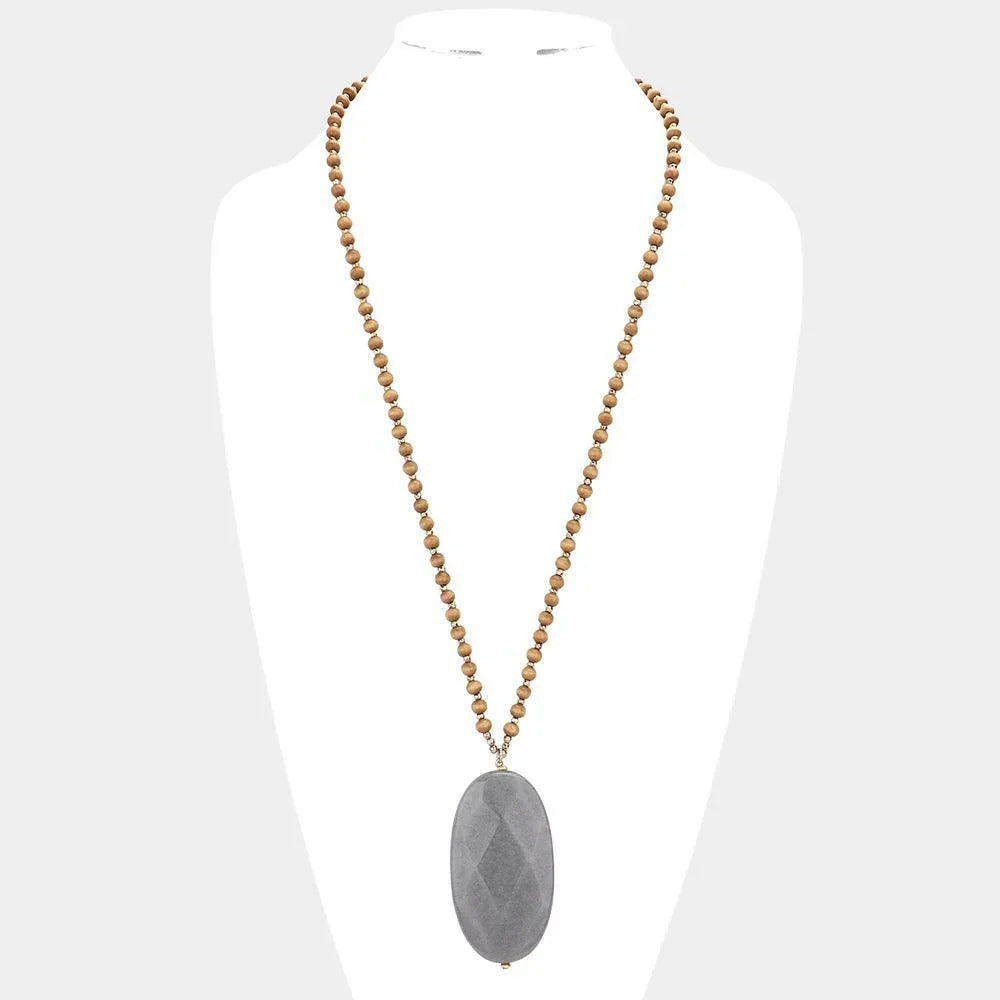Oval Natural Stone Pendant Wood Ball Long Necklace - Jewelry Store by Erik Rayo