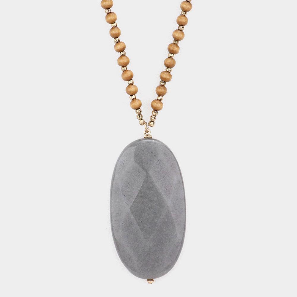 Oval Natural Stone Pendant Wood Ball Long Necklace - Jewelry Store by Erik Rayo