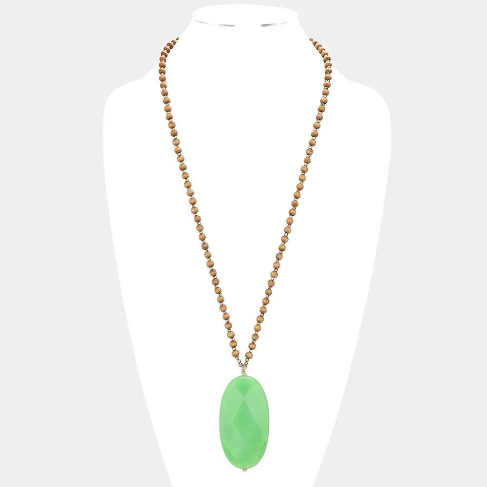 Green Oval Natural Stone Pendant Wood Ball Long Necklace - Jewelry Store by Erik Rayo