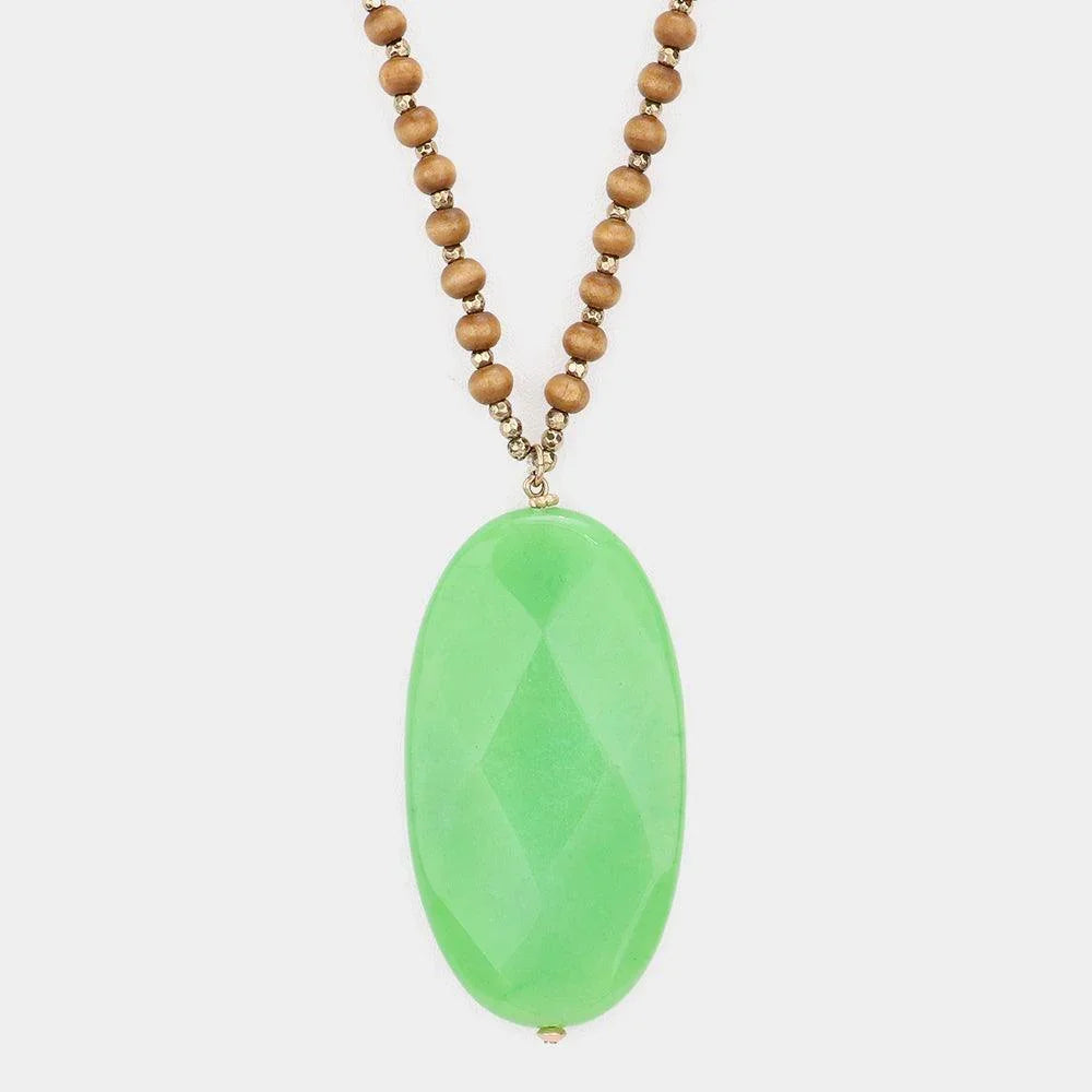 Green Oval Natural Stone Pendant Wood Ball Long Necklace - Jewelry Store by Erik Rayo