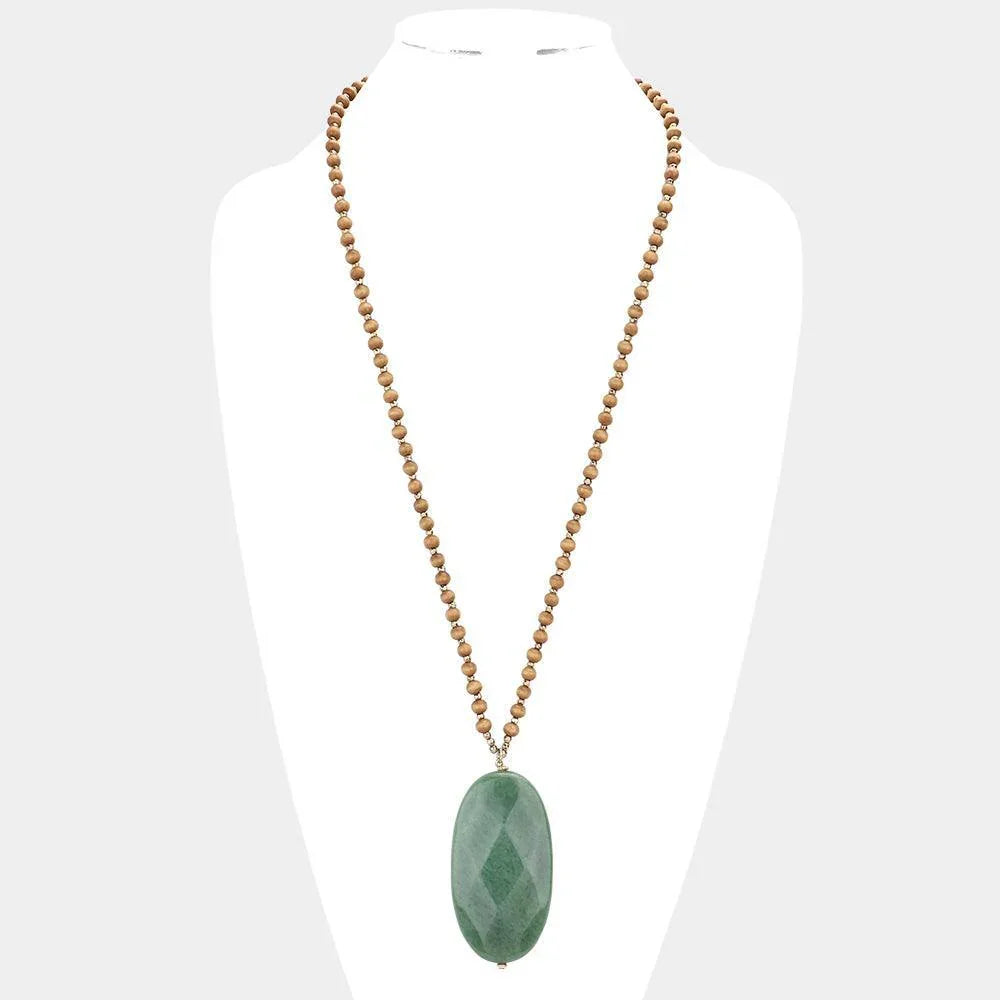 Green Oval Natural Stone Pendant Wood Ball Long Necklace - Jewelry Store by Erik Rayo