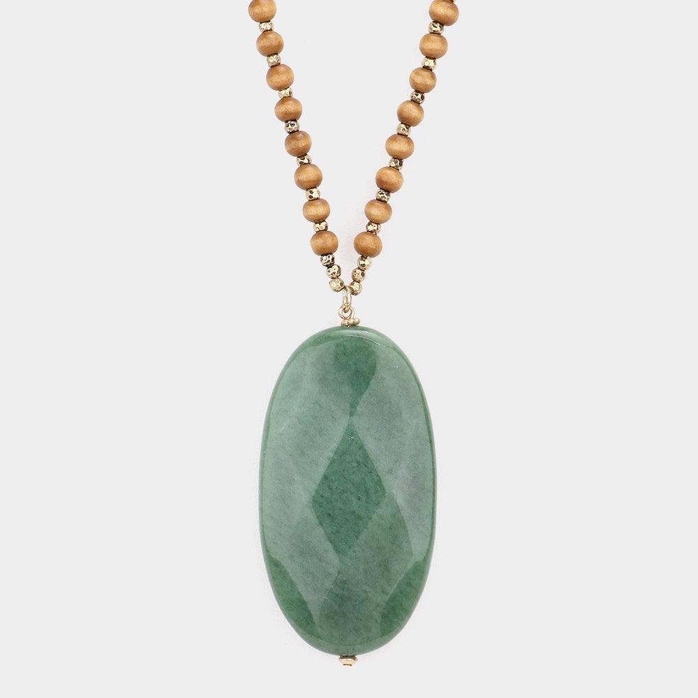 Green Oval Natural Stone Pendant Wood Ball Long Necklace - Jewelry Store by Erik Rayo