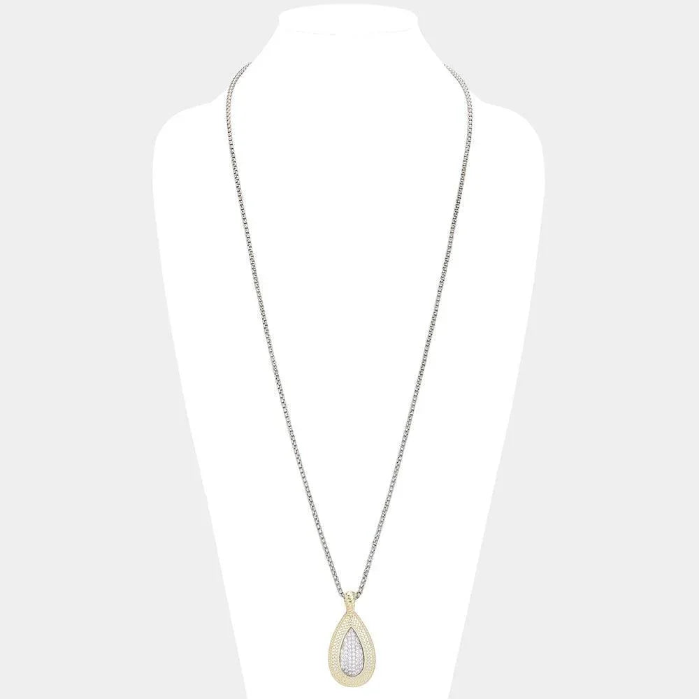 Gold 14K Gold Plated CZ Stone Paved Two Tone Teardrop Pendant Long Necklace - Jewelry Store by Erik Rayo