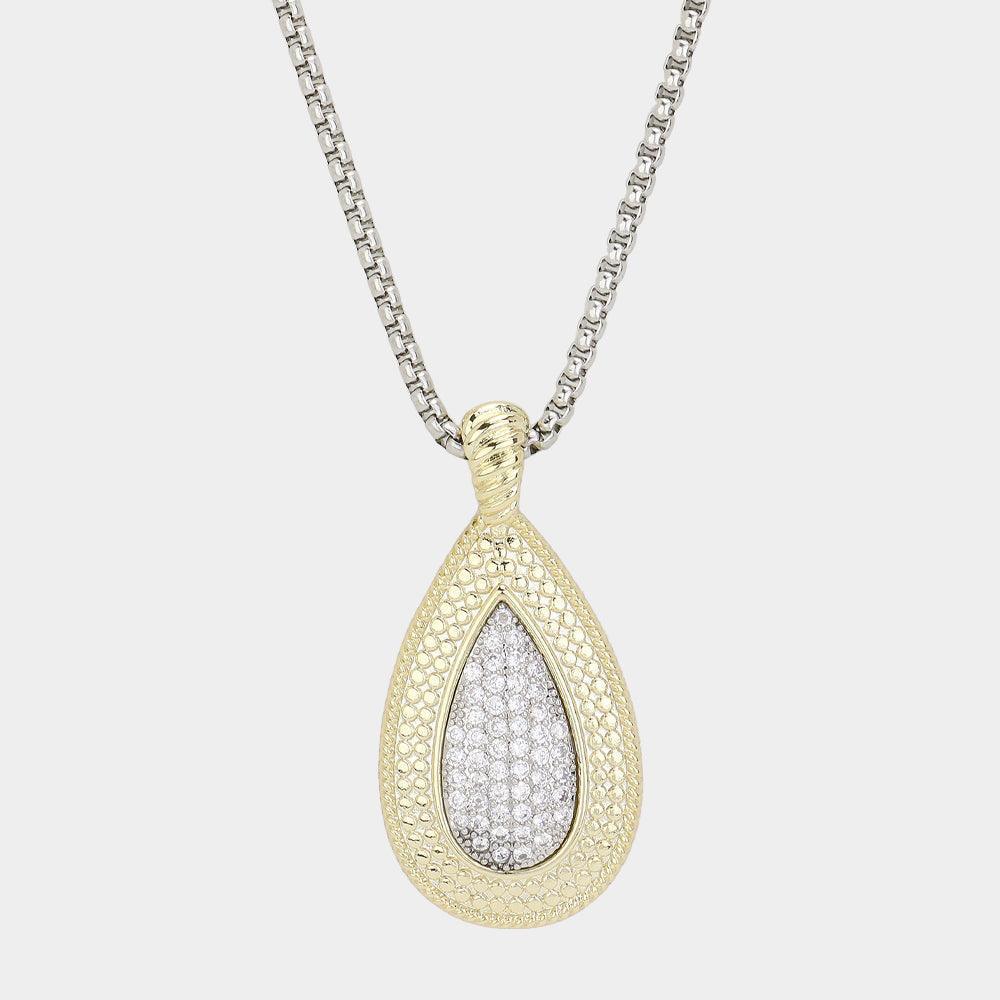 Gold 14K Gold Plated CZ Stone Paved Two Tone Teardrop Pendant Long Necklace - Jewelry Store by Erik Rayo