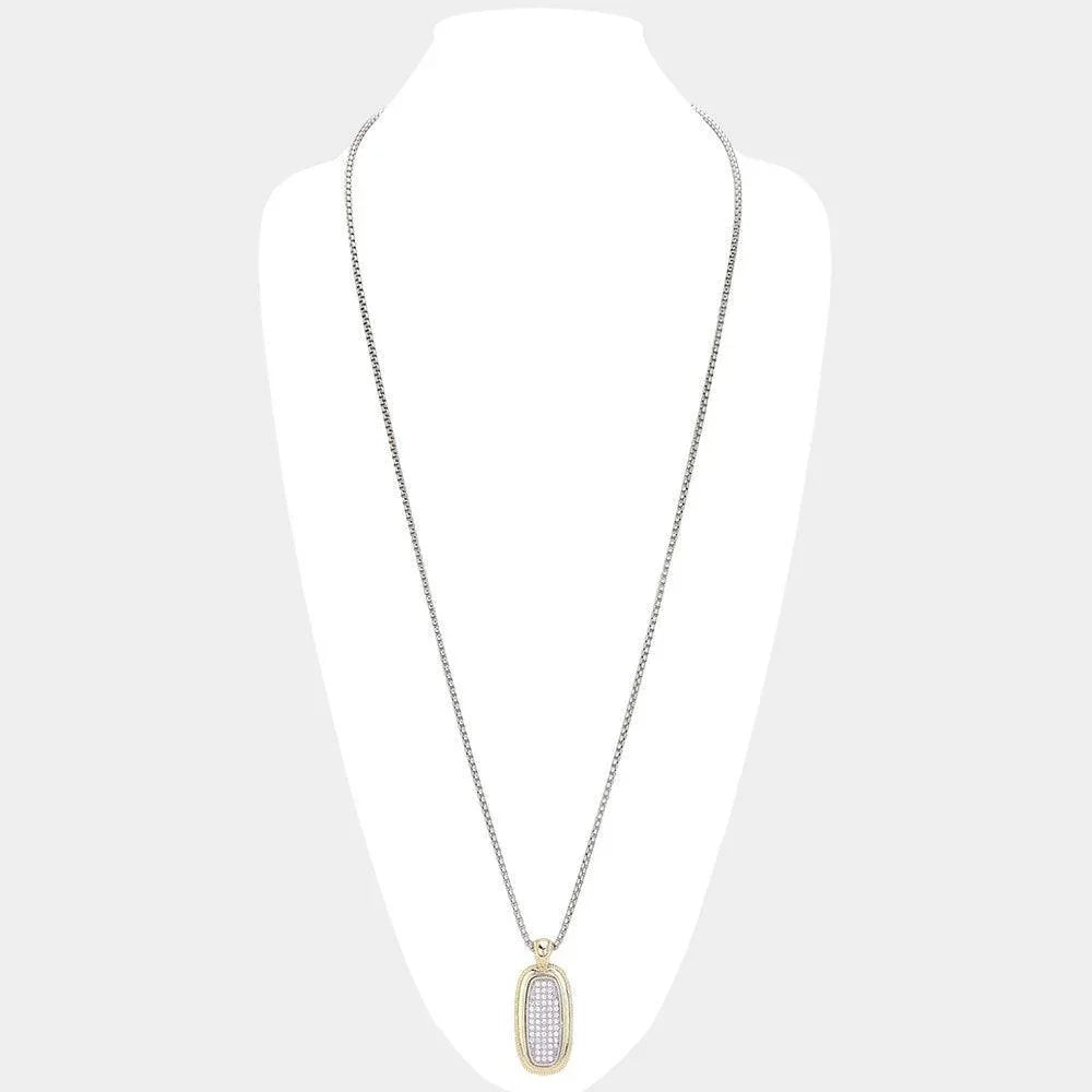 Gold 14K Gold Plated CZ Stone Paved Two Tone Oval Pendant Long Necklace - Jewelry Store by Erik Rayo