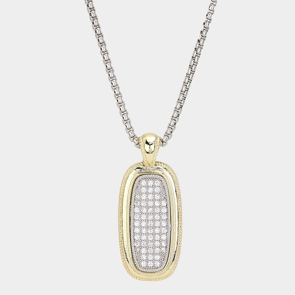 Gold 14K Gold Plated CZ Stone Paved Two Tone Oval Pendant Long Necklace - Jewelry Store by Erik Rayo