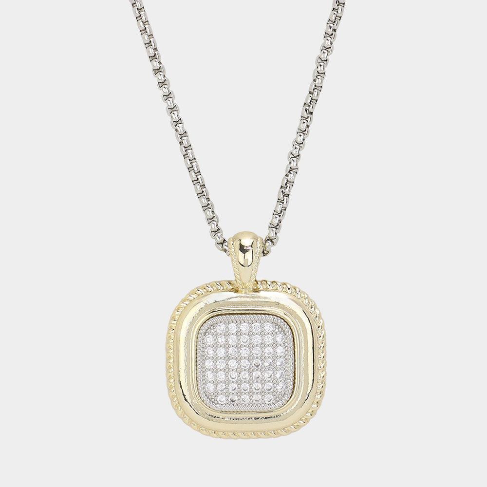 Gold 14K Gold Plated CZ Stone Paved Two Tone Square Pendant Long Necklace - Jewelry Store by Erik Rayo