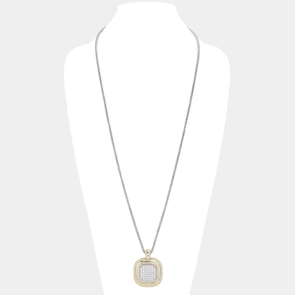 Gold 14K Gold Plated CZ Stone Paved Two Tone Square Pendant Long Necklace - Jewelry Store by Erik Rayo