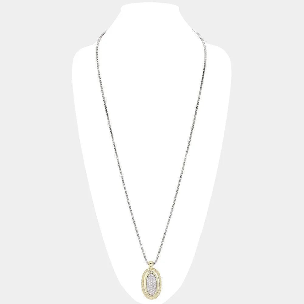 Gold 14K Gold Plated CZ Stone Paved Two Tone Oval Pendant Long Necklace - Jewelry Store by Erik Rayo