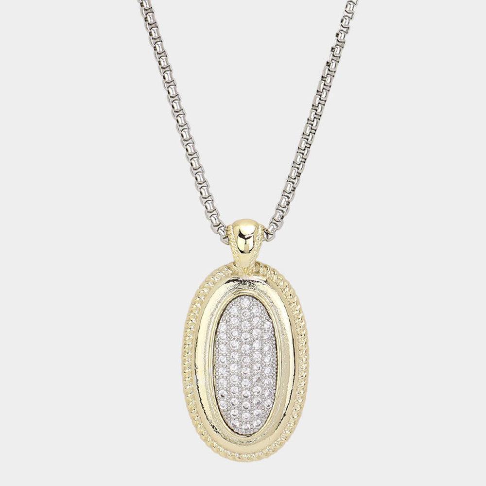 Gold 14K Gold Plated CZ Stone Paved Two Tone Oval Pendant Long Necklace - Jewelry Store by Erik Rayo