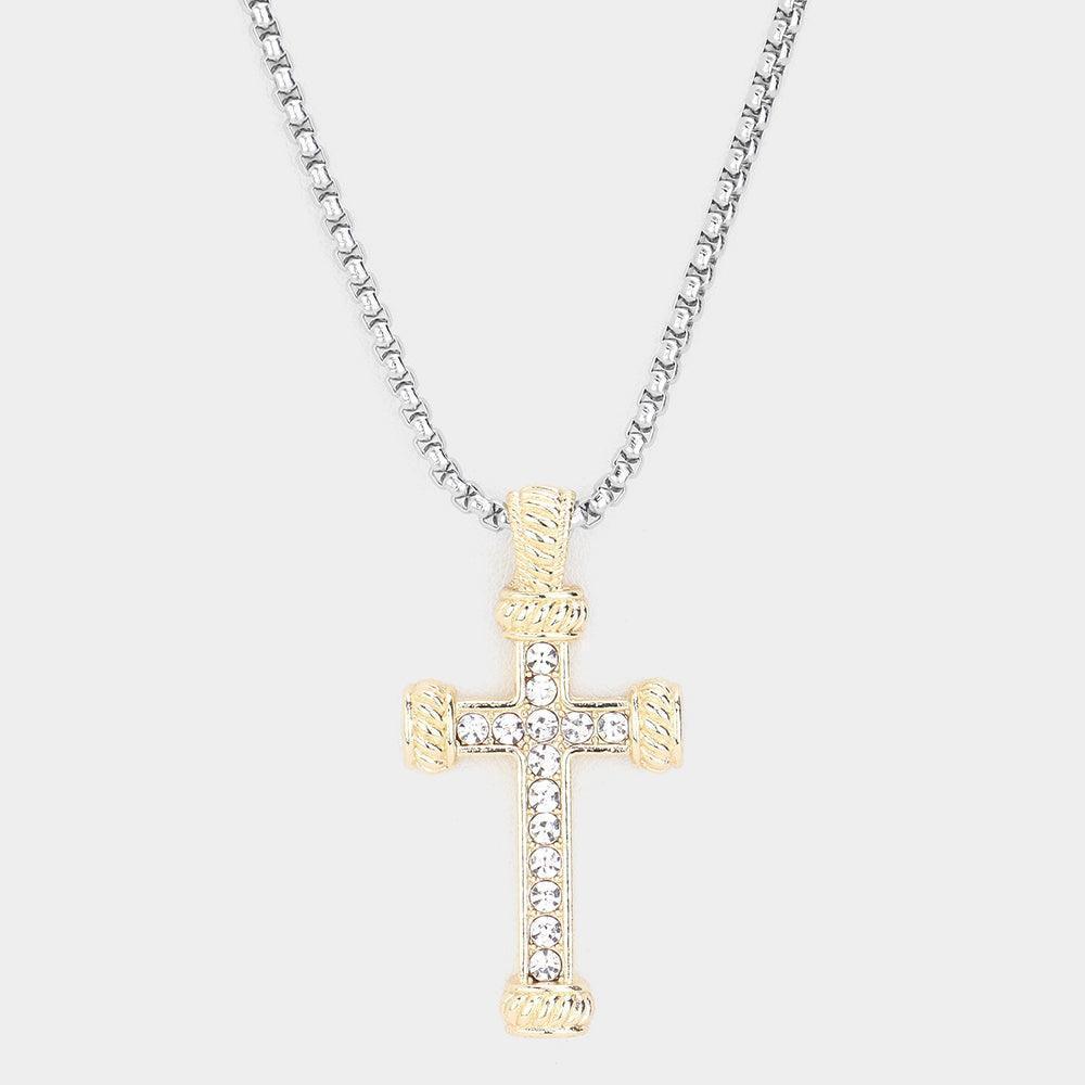 Gold 14K Gold Plated Two Tone Stone Paved Cross Pendant Long Necklace - Jewelry Store by Erik Rayo