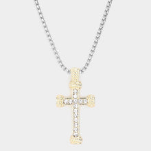 Load image into Gallery viewer, Gold 14K Gold Plated Two Tone Stone Paved Cross Pendant Long Necklace
