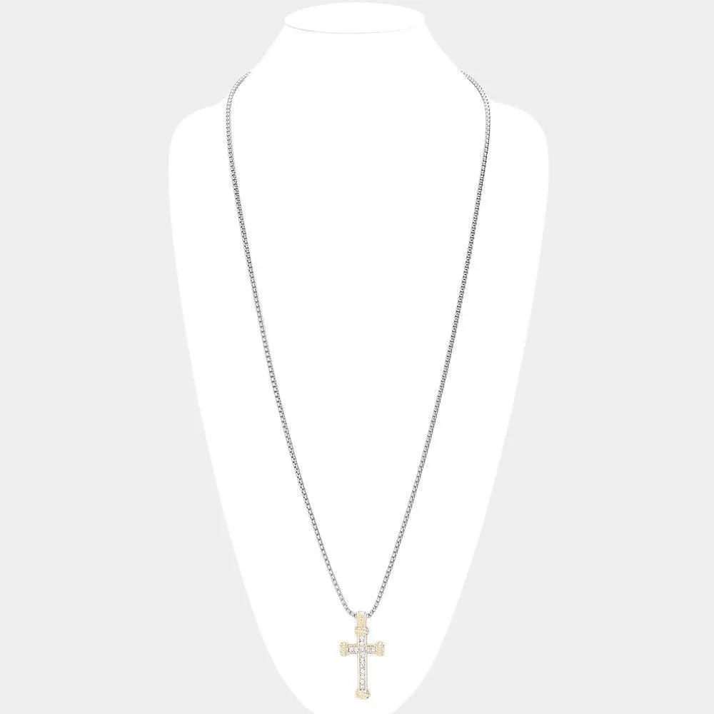 Gold 14K Gold Plated Two Tone Stone Paved Cross Pendant Long Necklace - Jewelry Store by Erik Rayo