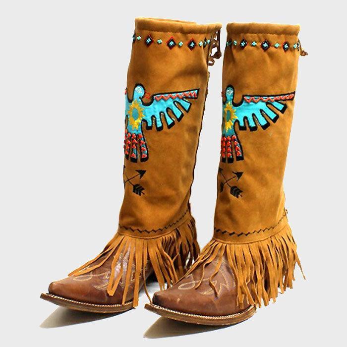 Brown 1-Pair Aztec Bird Suede Fringe Boot Toppers - Jewelry Store by Erik Rayo
