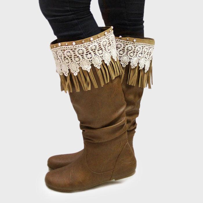 White 1-Pair Lace Accented Suede Fringe Boot Toppers