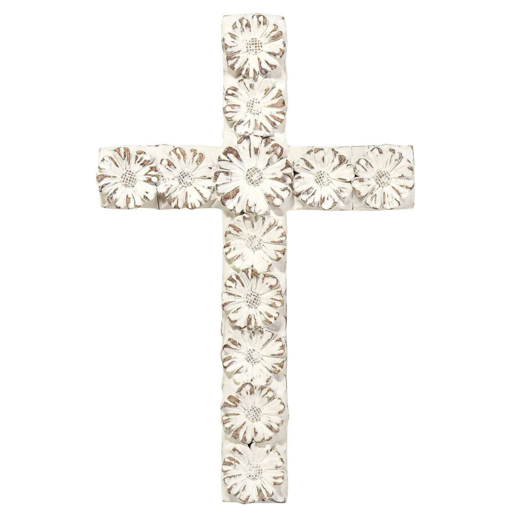 WHITE FLORAL RESIN WALL CROSS 10"