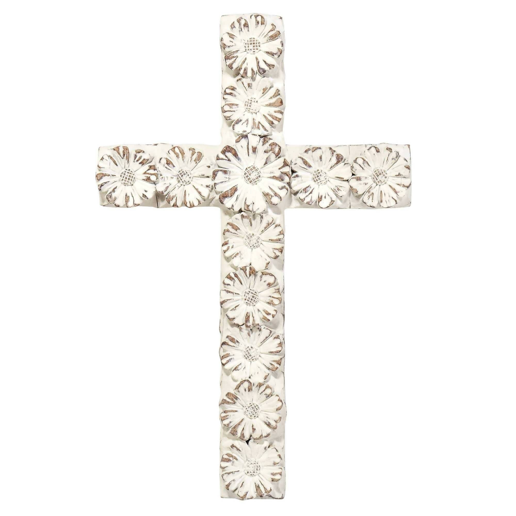 WHITE FLORAL RESIN WALL CROSS 10"