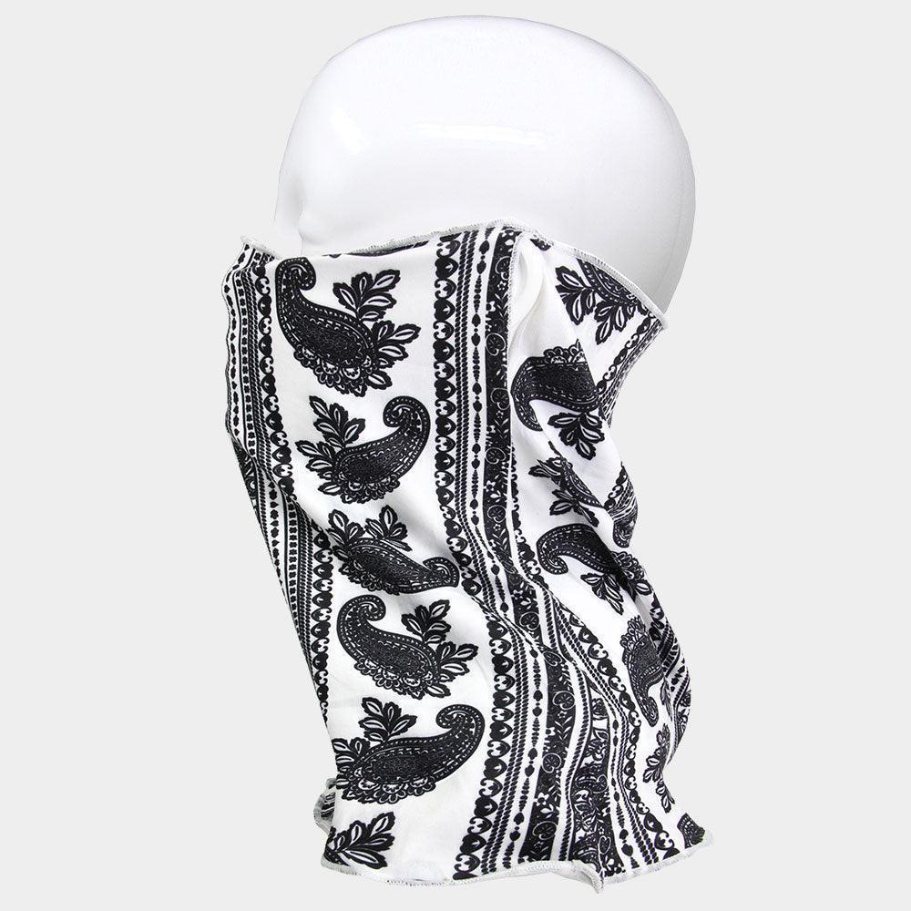 White Paisley Print Seamless Face Tube Mask / Scarf - Jewelry Store by Erik Rayo
